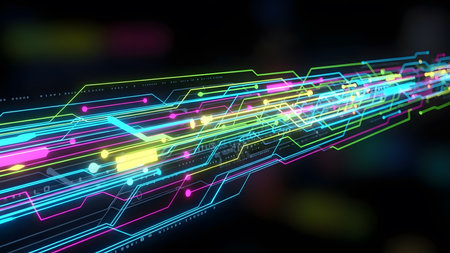 Futuristic technology background with glowing lines and bokeh. 3d renderingの素材