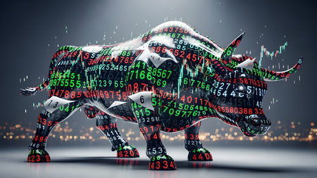 Digital bull with binary code on the background. 3D rendering.の素材