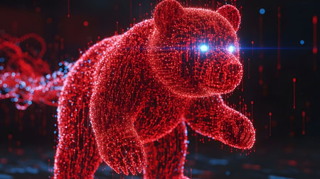 3D rendering of a red bear with luminous particles on a dark backgroundの素材