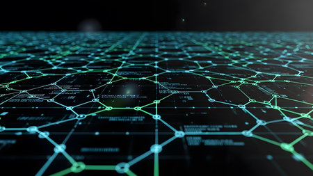 3d rendering of abstract technology background with hexagons and glowing lightsの素材