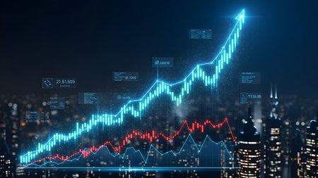Futuristic glowing forex chart interface on blurry night city background. Finance and trade concept. Double exposureの素材