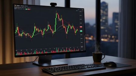 Computer monitor with stock market chart on screen. 3D rendering.の素材