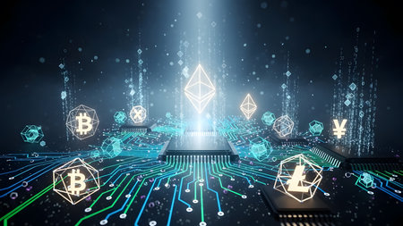 Cryptocurrency hologram on abstract background. 3D Renderingの素材