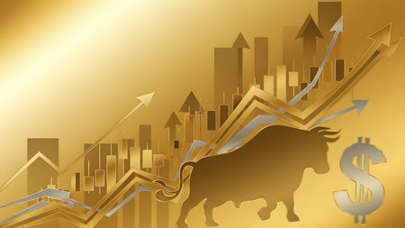 Financial growth chart with bull and bull on a gold background. Vector illustration.の素材