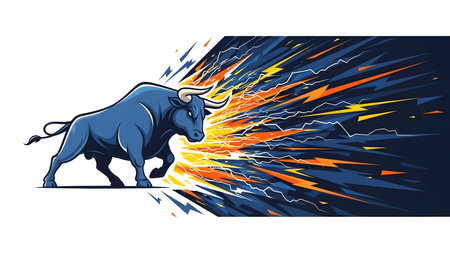 Bull on a background of thunder and lightning. Vector illustration for your designの素材