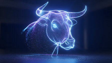 3d rendering of abstract digital bull head on dark background with particlesの素材
