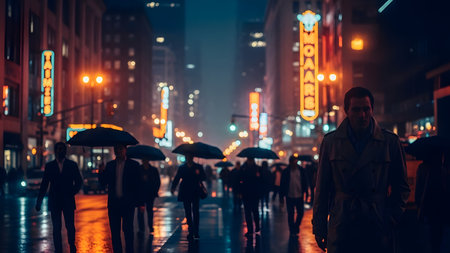 A man with an umbrella walks through the streets of New York.の素材