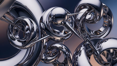Abstract 3d rendering of chaotic metallic shapes. Reflective surface.の素材