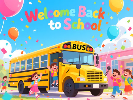 Cheerful Back to School Illustration with School Bus, Happy Kids, and Balloonsの素材