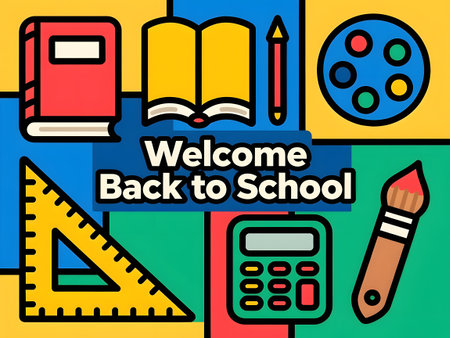 Colorful Back to School Illustration with Books, Art Tools, Calculator and Rulerの素材
