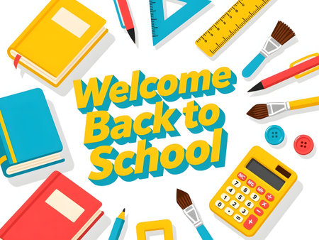 Welcome Back to School Banner with Colorful Stationery and Supplies Illustrationの素材
