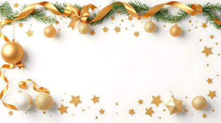 Christmas and New Year background with gold baubles, ribbons and stars. 3d illustrationの素材
