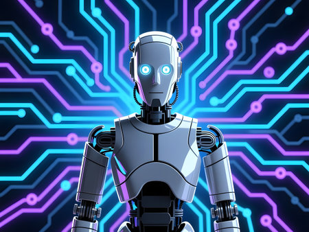 Robot in front of circuit board background. 3D rendering.の素材