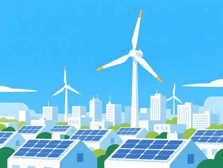 Eco city with wind turbines and solar panels. Vector illustration.の素材