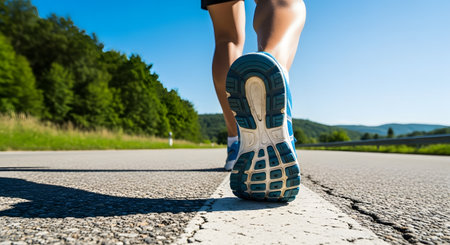 Close up of a runner's foot on an asphalt road with green trees and blue sky in the backgroundの素材