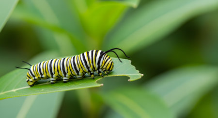 Monarch caterpillar eating a green leaf in a lush garden showcasing nature's growthの素材