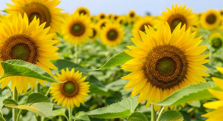 Vibrant field of sunflowers under a bright summer sky blooming natureの素材