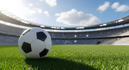 Soccer ball on green field stadium lights bright sky championship game sportsの素材