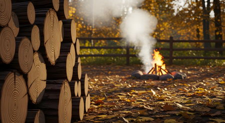 Cozy autumn scene with stacked firewood and burning campfire in forestの素材