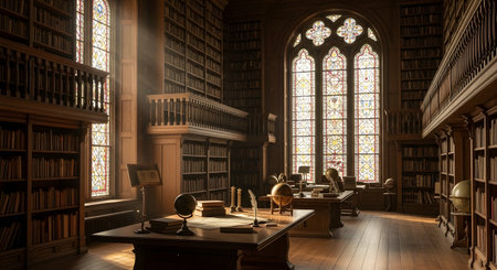 Old library interior with tall bookshelves sunlight through gothic windowsの素材