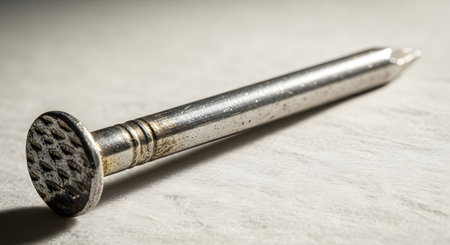 Close-up macro shot of a shiny metal construction nail with detailed head surface textureの素材
