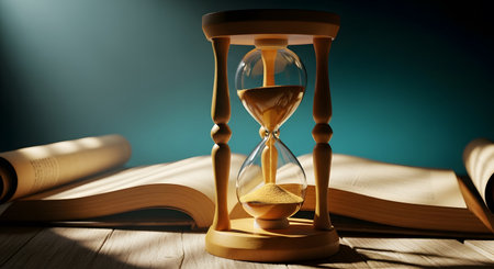 Vintage hourglass sits on an open antique book with rolled parchment scrolls beside itの素材
