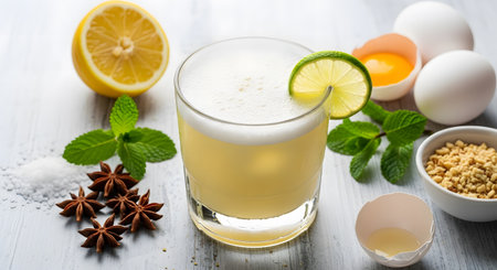 Refreshing pisco sour cocktail with lemon lime mint and star anise ingredientsの素材