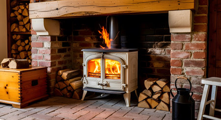 Cozy log fire burning in a rustic brick fireplace with stacked firewood and wooden chestの素材