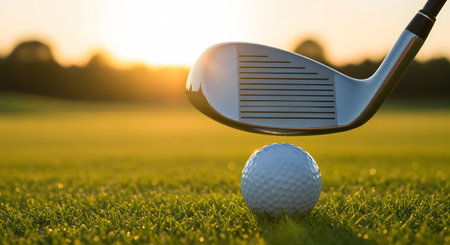 Golf club ready to strike ball on tee at sunset on lush green golf courseの素材