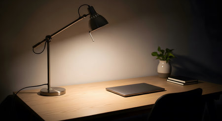 Cozy desk lamp illuminating a workspace with notebook and plantの素材