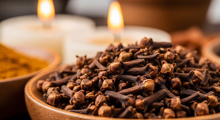 Aromatic herbal blend with warm glowing candles for relaxation and well-beingの素材