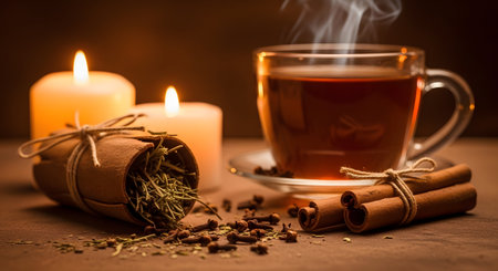 Cozy autumn morning warm beverage hot coffee beans cinnamon candles warm light relaxationの素材
