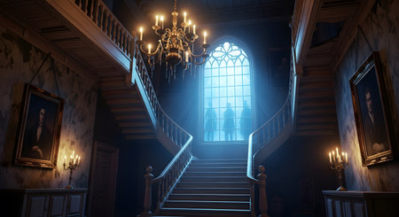 Mysterious ancient hallway with bright glowing window and chandeliers dramatic lightの素材