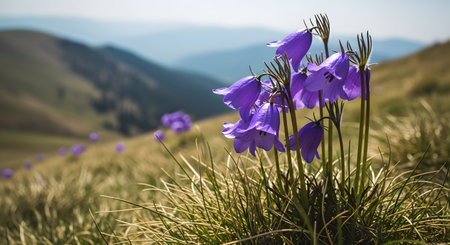 Wild purple bellflowers bloom in sunlit mountain meadow creating a picturesque natural landscape sceneの素材