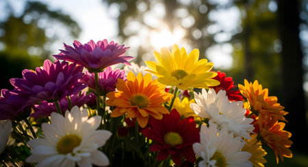 Vibrant bouquet of autumn flowers bathed in warm sunlight outdoors close upの素材