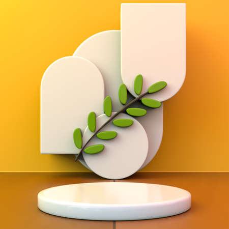 green leaves with yellow background podium display for spring products stage, 3d illustrationの写真素材