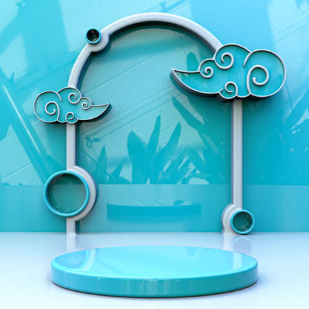3D rendering podium display with blue sky cloudy product stage background.の写真素材