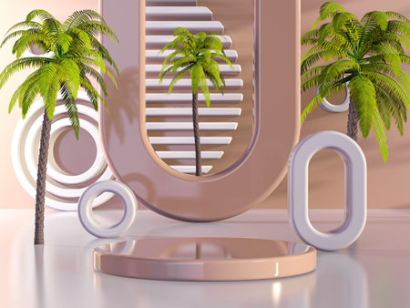 3D display podium with leaves. Brown pedestal and pastel beige trendy background. Tropical art deco...