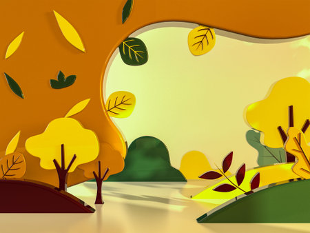 Autumn leave and tree cartoon background, 3d rendering, hello summer cartoon background.の写真素材
