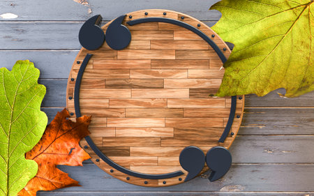 autumn pattern maple leaf brightly, 3d illustration Festive decorations, flat lay for text, wood sign background.の写真素材