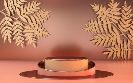 3D rendering podium with leaf background. pedestal stand for beauty, cosmetic, product promotion.
