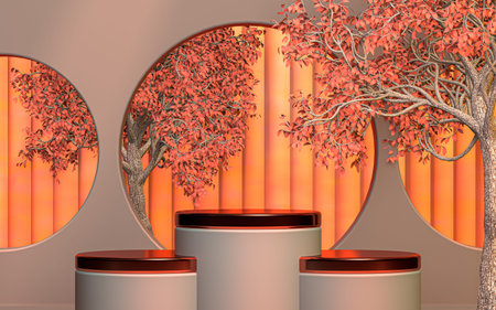 3d rendering product presentation podium with leaves for spring season Cosmetic display stand