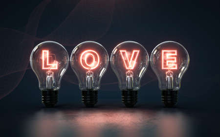 3d rendering love text glow inside light bulb premium cover photo background for social media postの写真素材