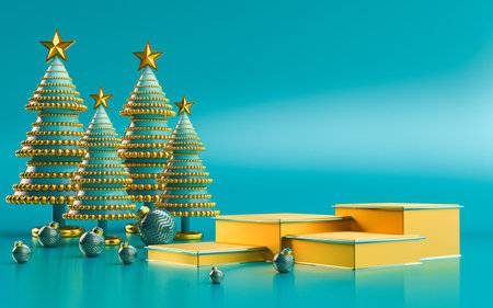 winter merry Christmas luxury podium display for product presentation. 3d renderingの写真素材