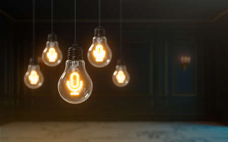 3d rendering microphone icon glow inside light bulb premium cover photo background for social media postの写真素材