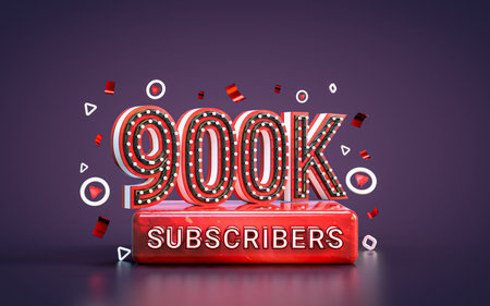 900k subscribers followers celebration. 3d render Social media congratulation card background