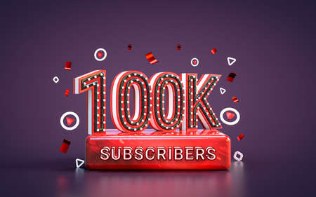 100k subscribers celebration. Hundred thousand followers social media congratulation card 3d renderの写真素材