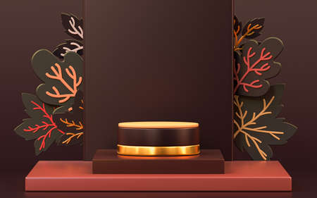 dark autumn maple leaves abstract background with podium stage for product presentation 3d renderingの写真素材