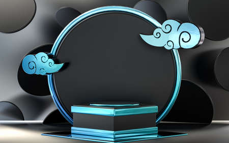 dark metallic blue cloud abstract circle podium stage for product presentation, 3d renderingの写真素材