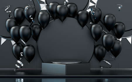 3d rendering podium stage with dark balloon and confetti celebration backgroundの写真素材